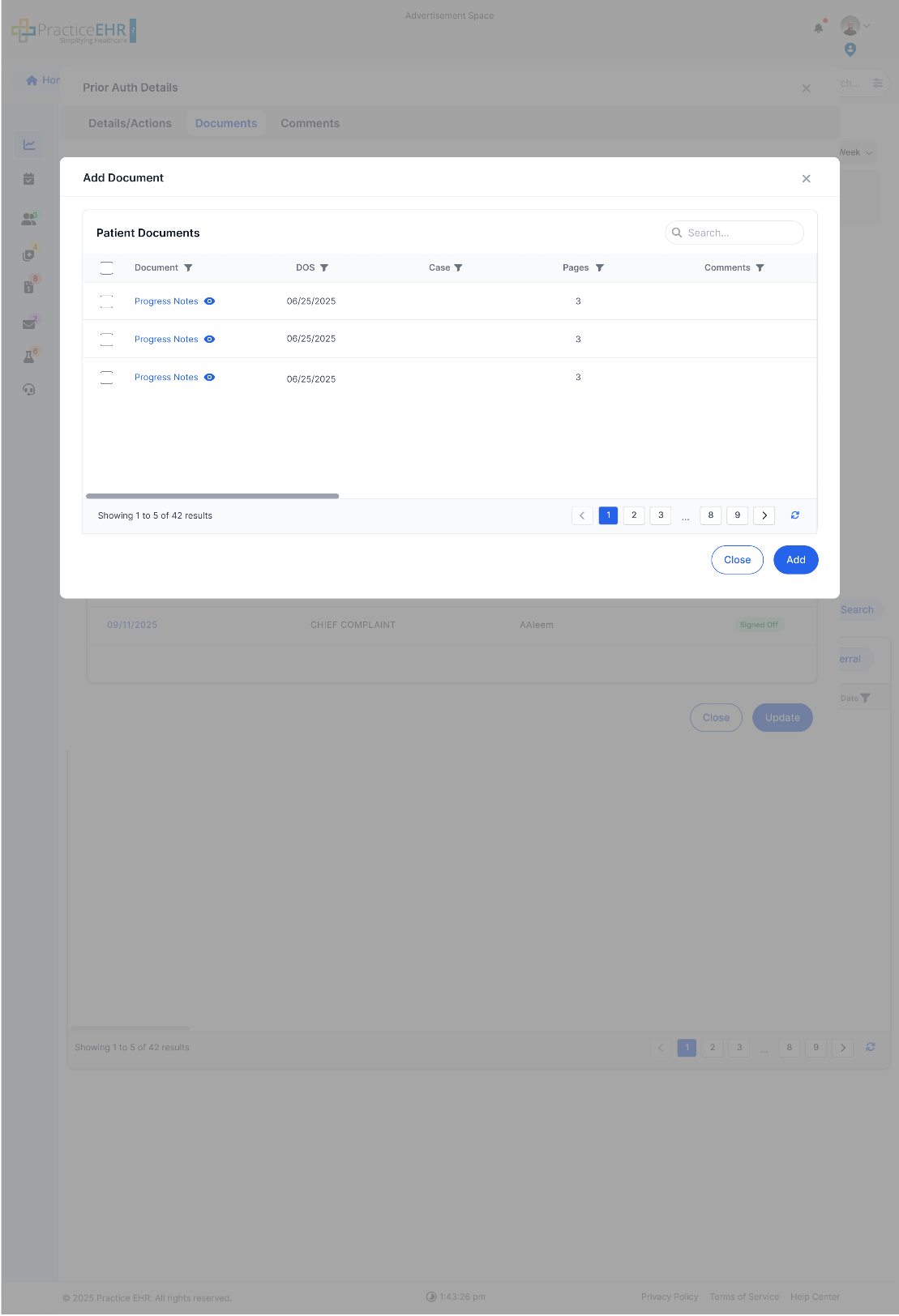 Add Documents modal listing patient documents to add to Prior Auth