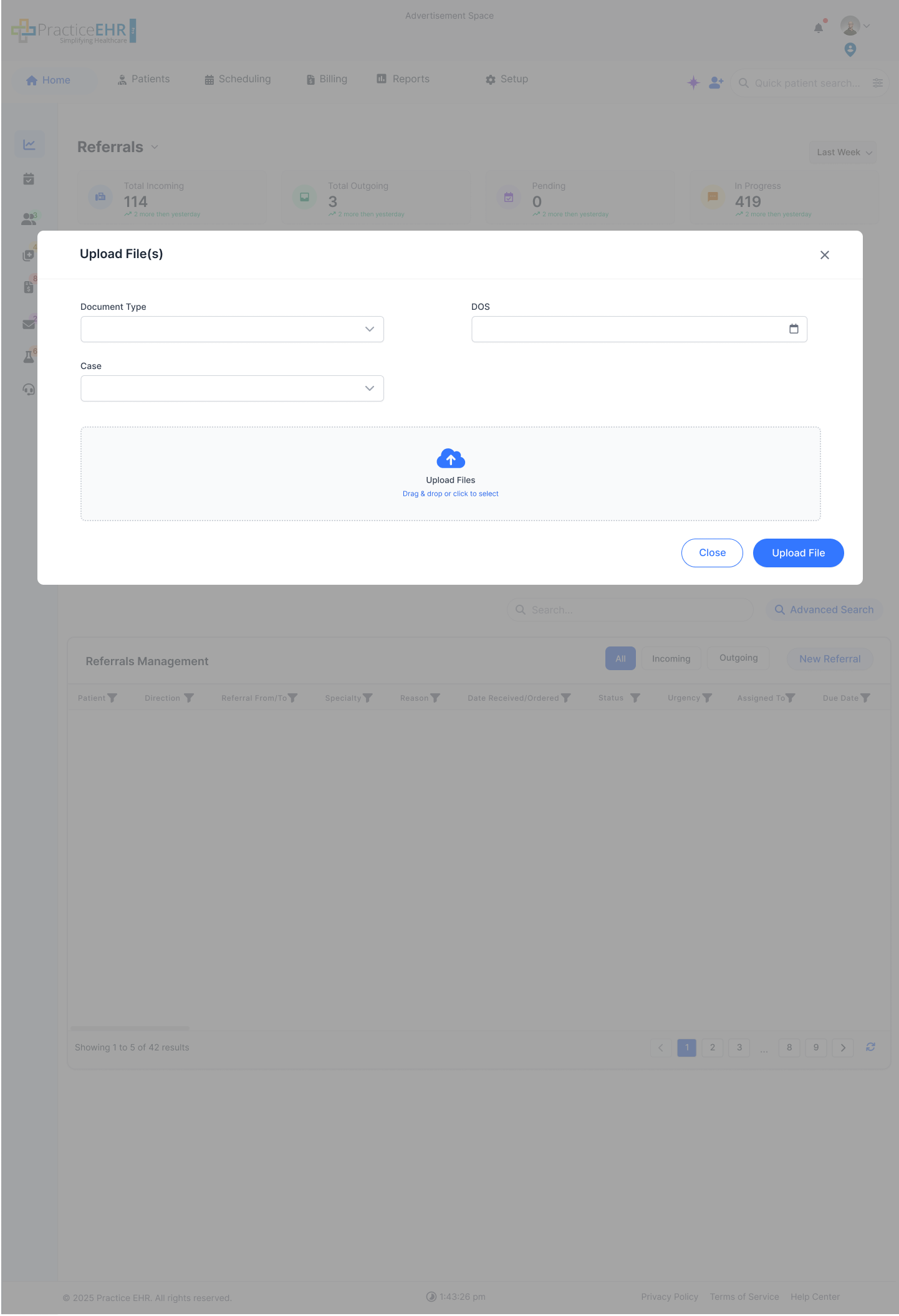 Upload Documents form with document type selection and optional Case field
