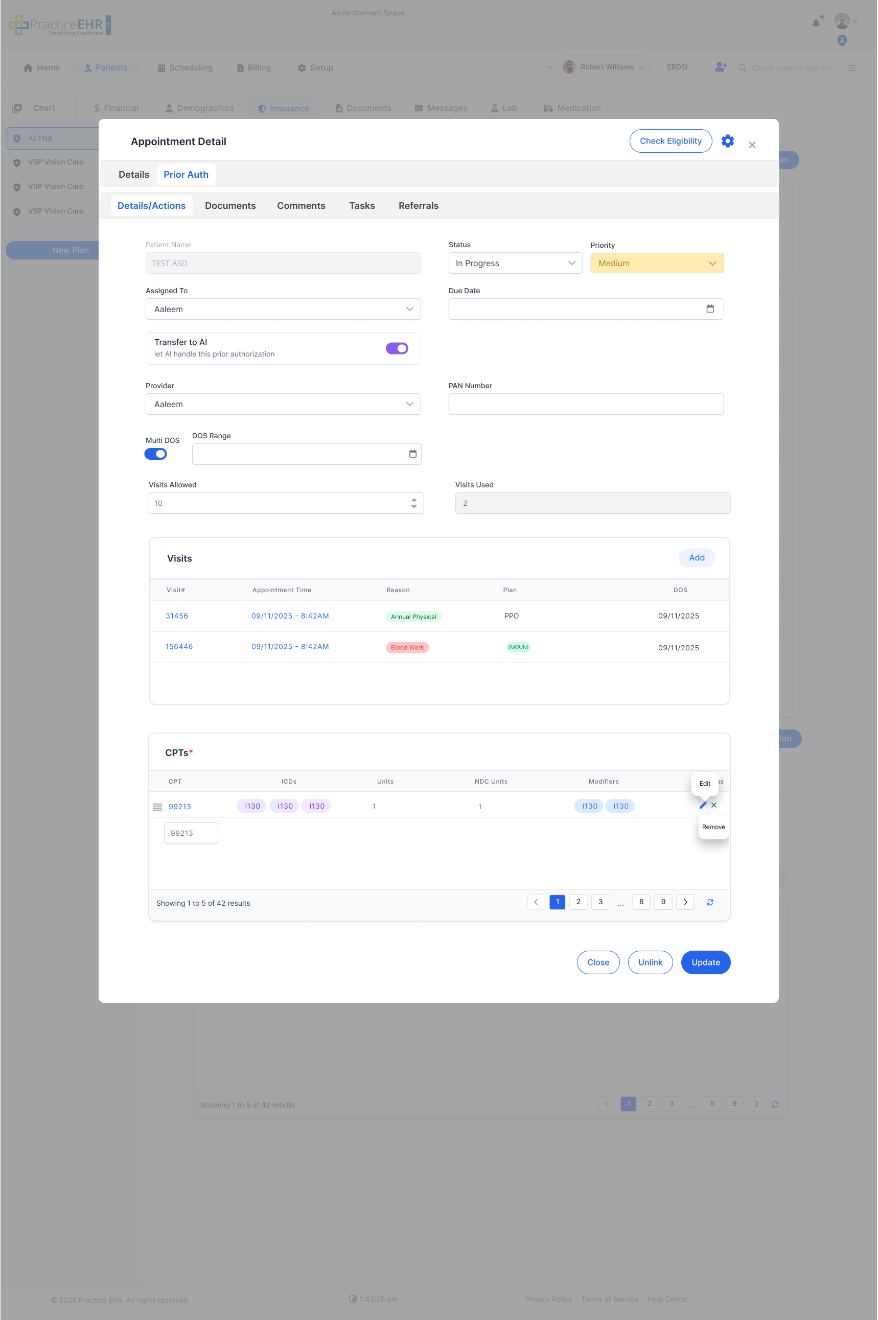 Appointment Detail with linked Prior Auth already added and unlink option