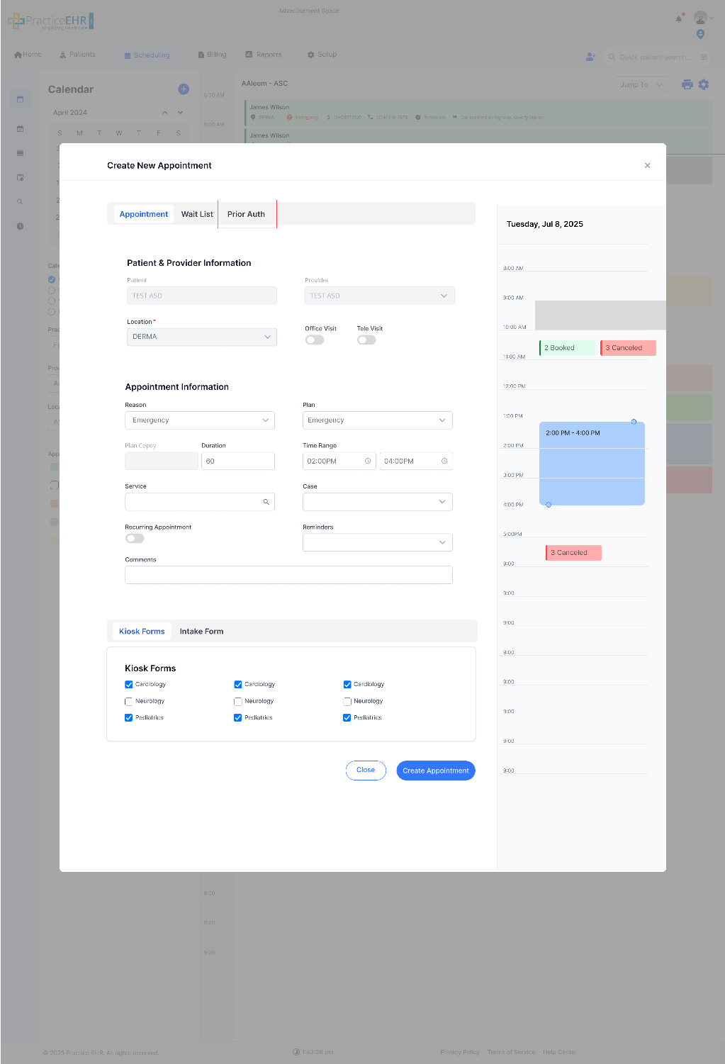 Create New Appointment screen with Prior Auth tab available