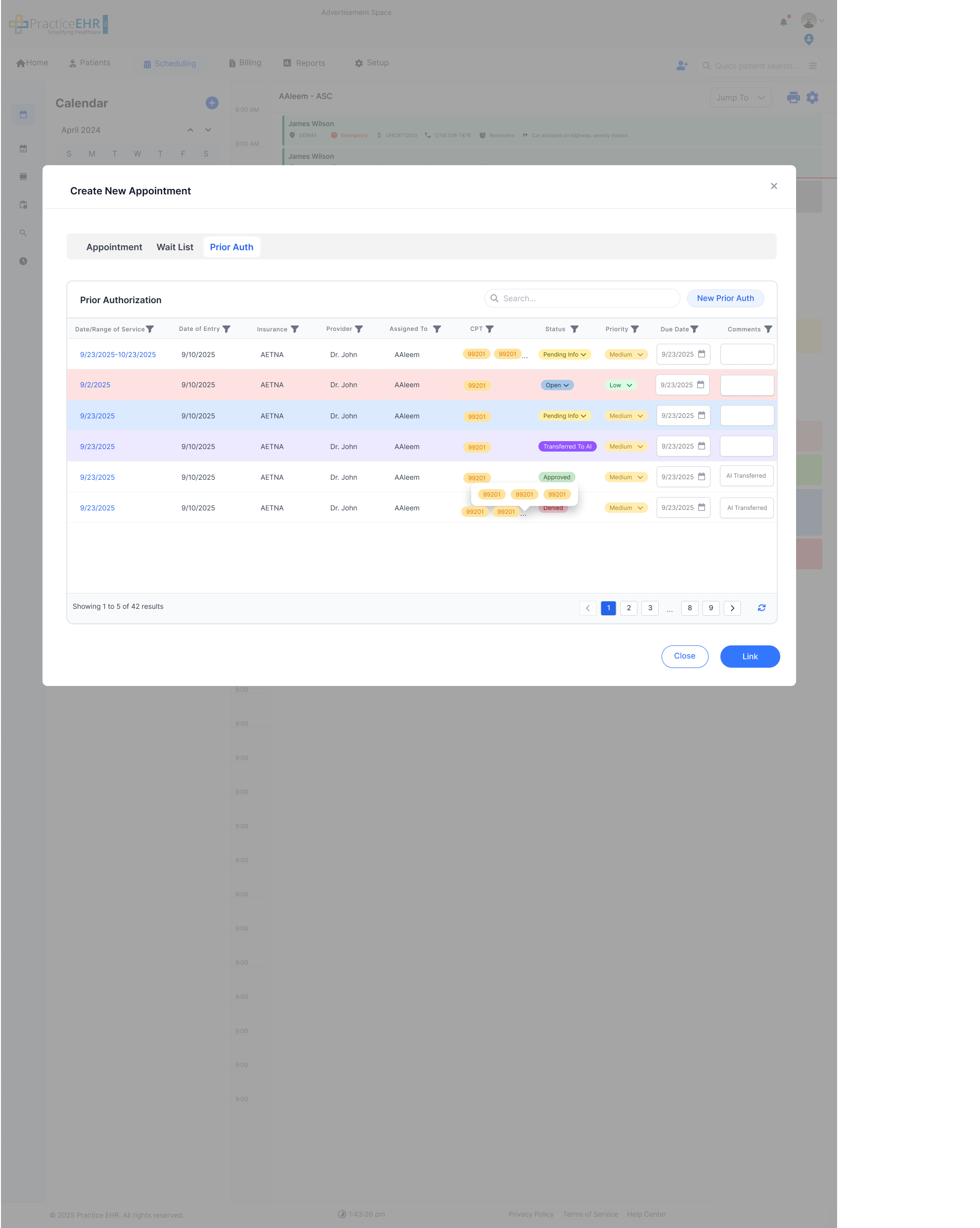 Prior Authorization grid opened from the Appointment screen