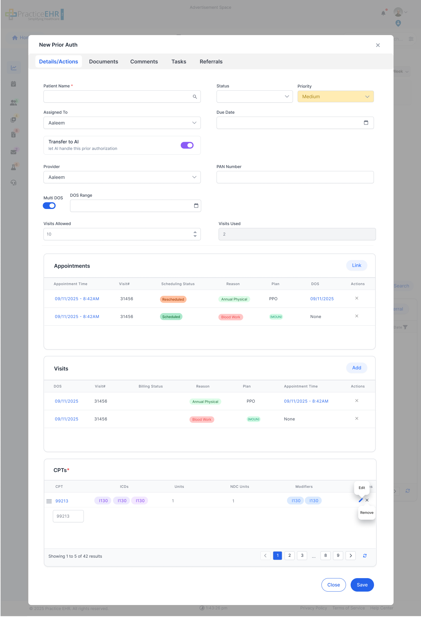 New Prior Auth modal showing Details/Actions, Documents, and Comments tabs