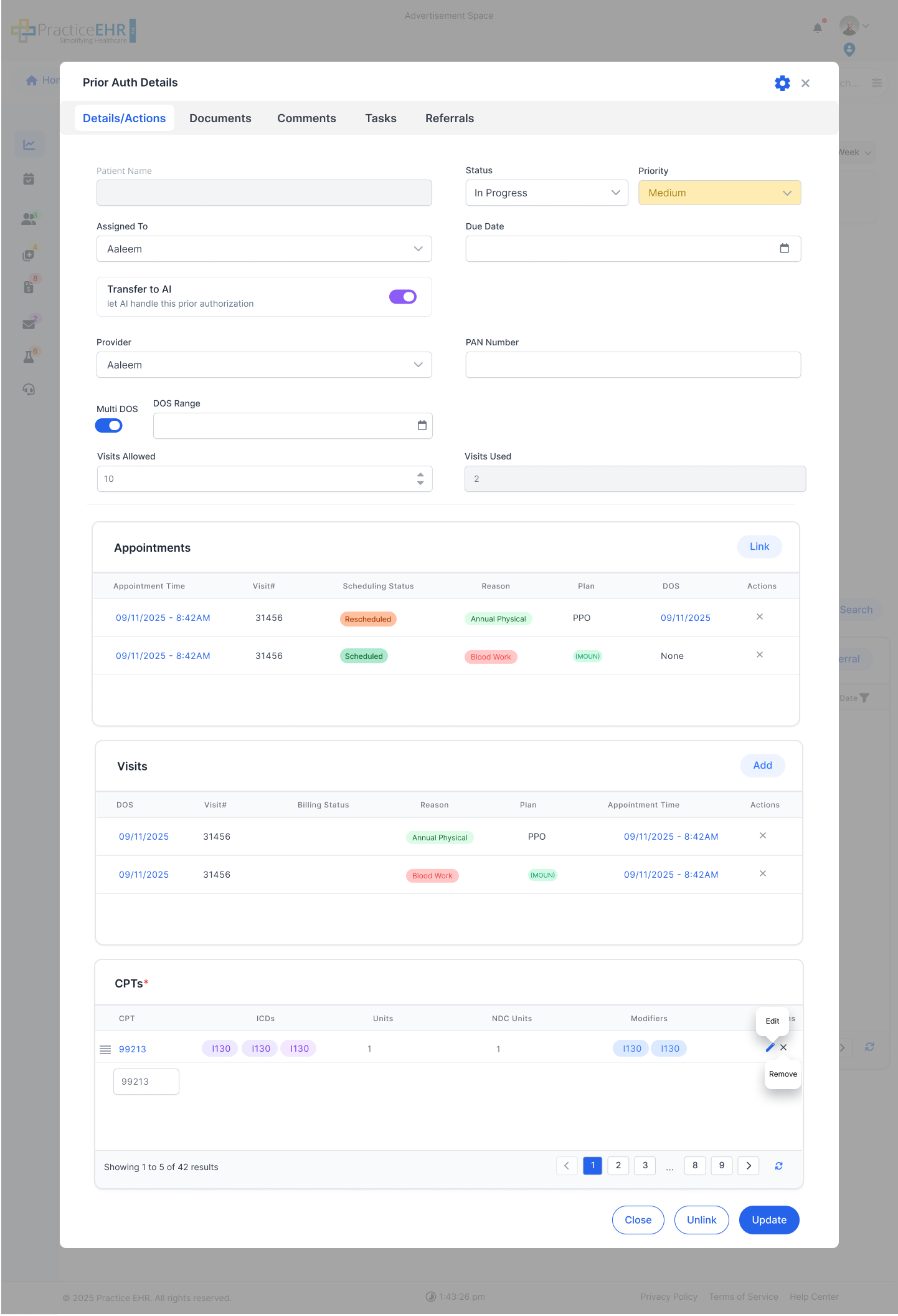 Case Prior Auth Details screen