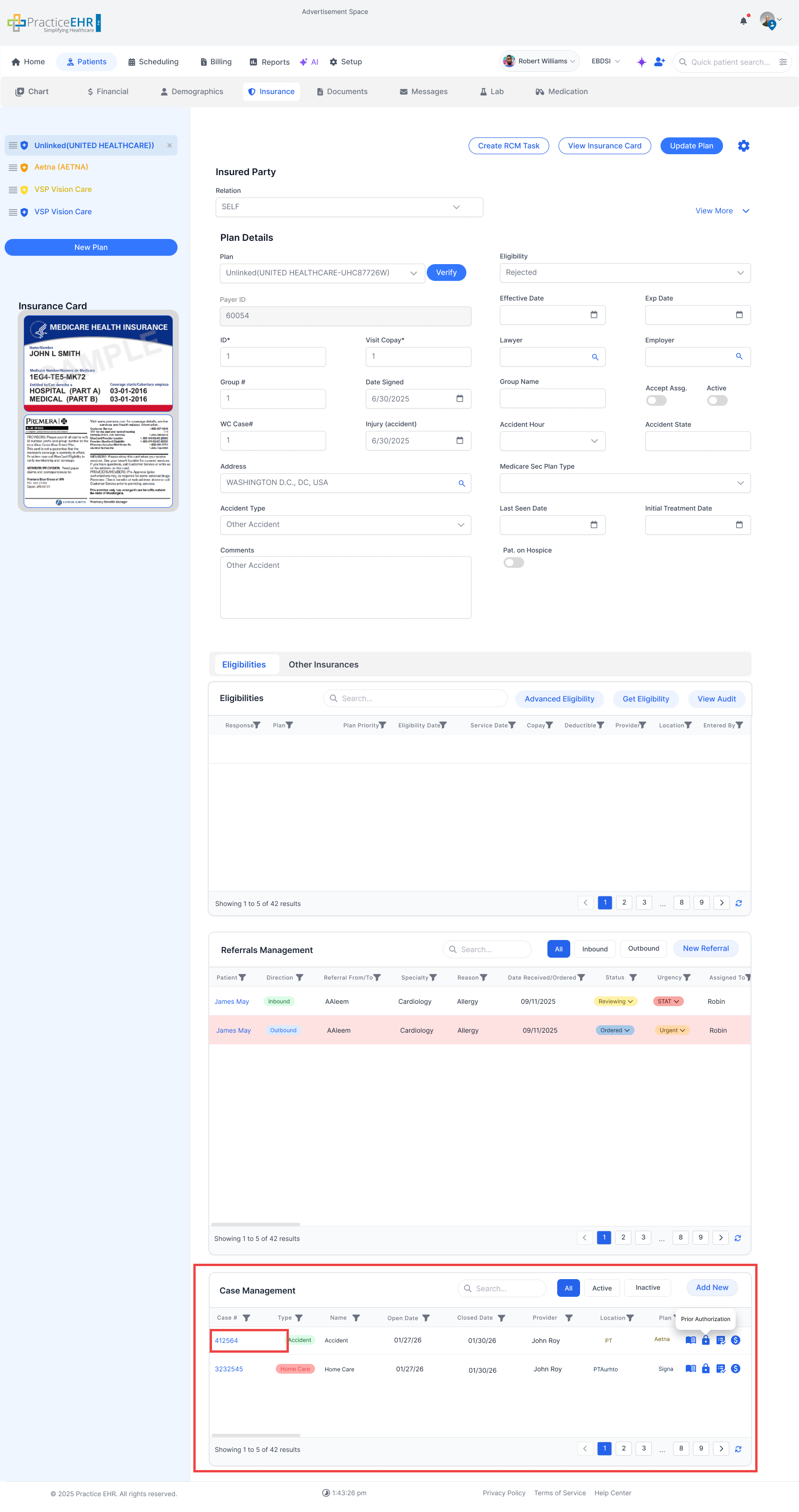 Case Management screen showing list of cases with Case# links
