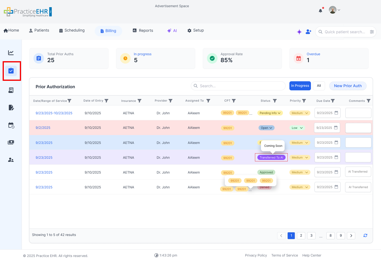 Prior Auth Tab entry point from Billing Dashboard