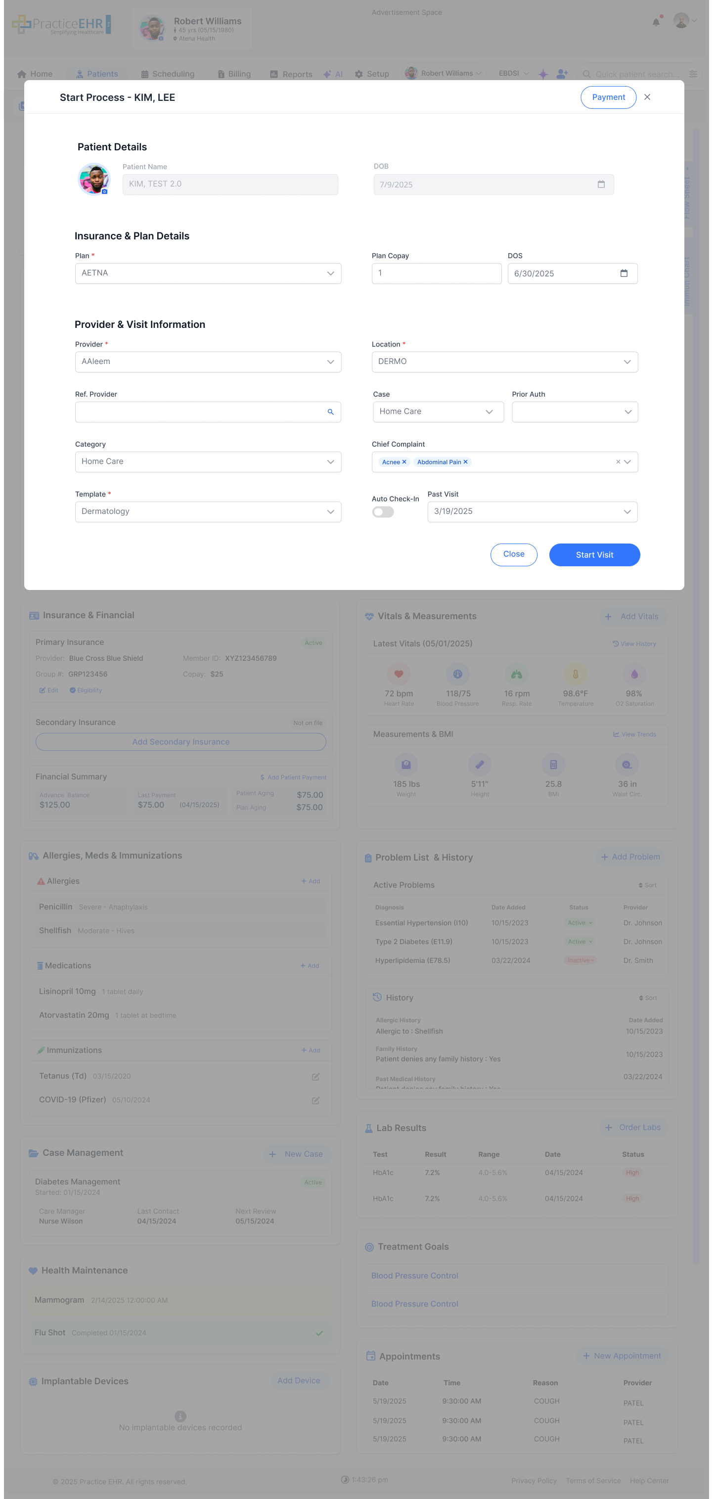 New Visit screen where Case and Prior Auth fields are hidden