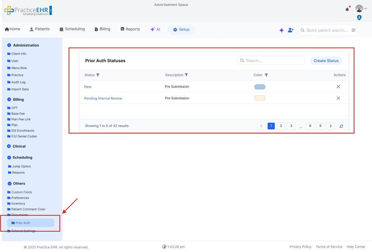 Prior Auth Status list with option to create a new status