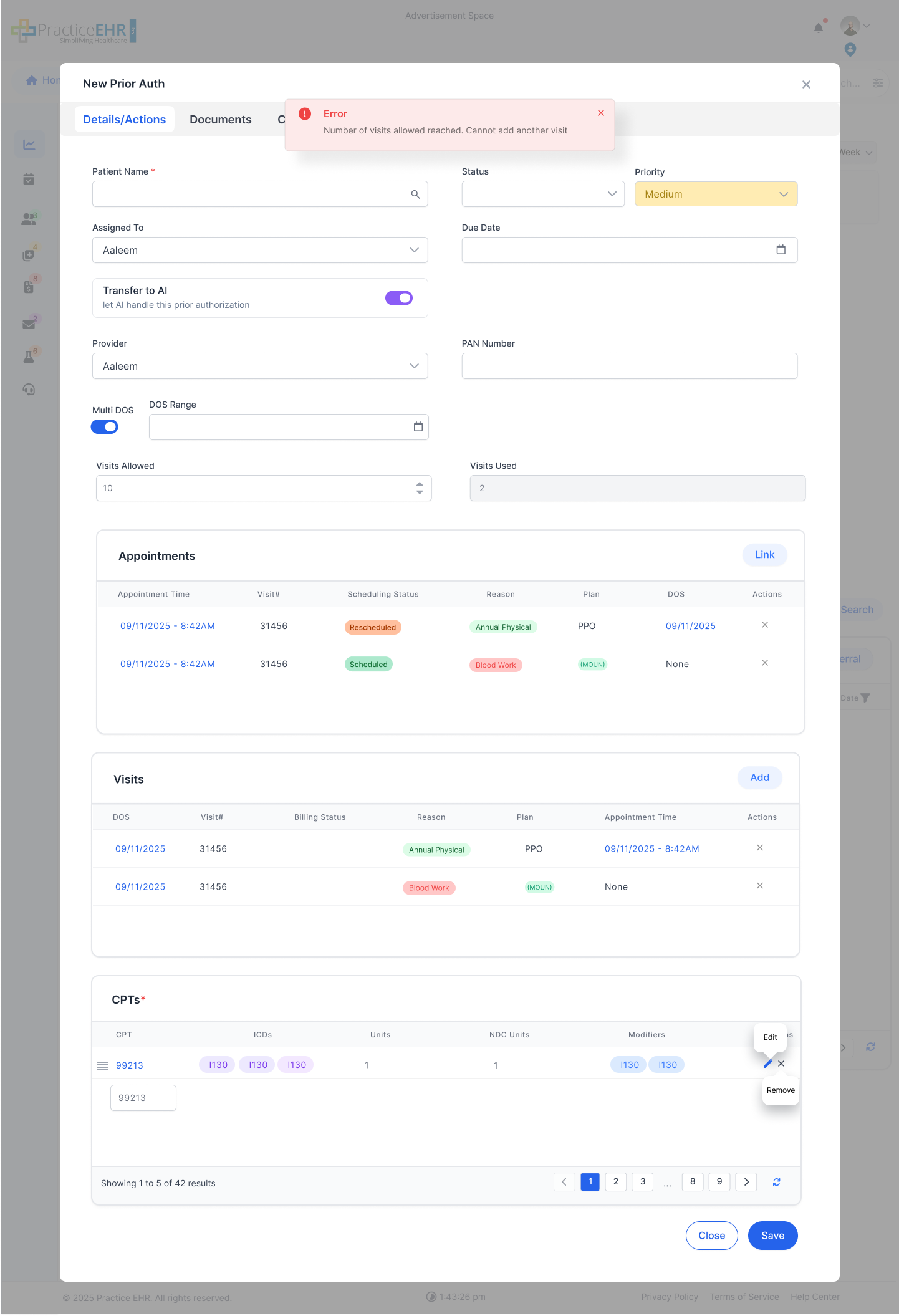 Error notification when visits exceed allowed limit in Multi DOS