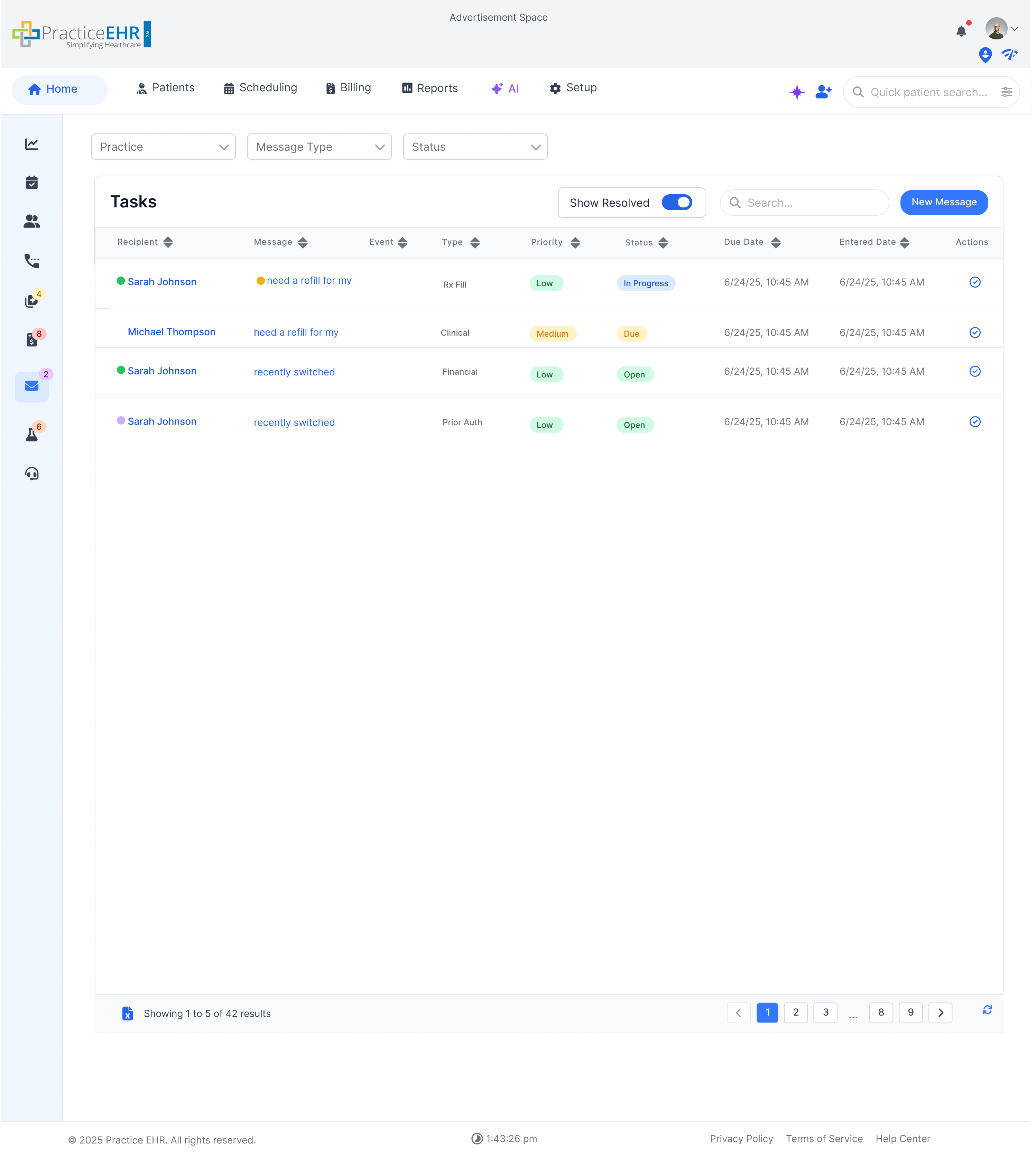 Message grid showing newly created messages related to Prior Auth tasks