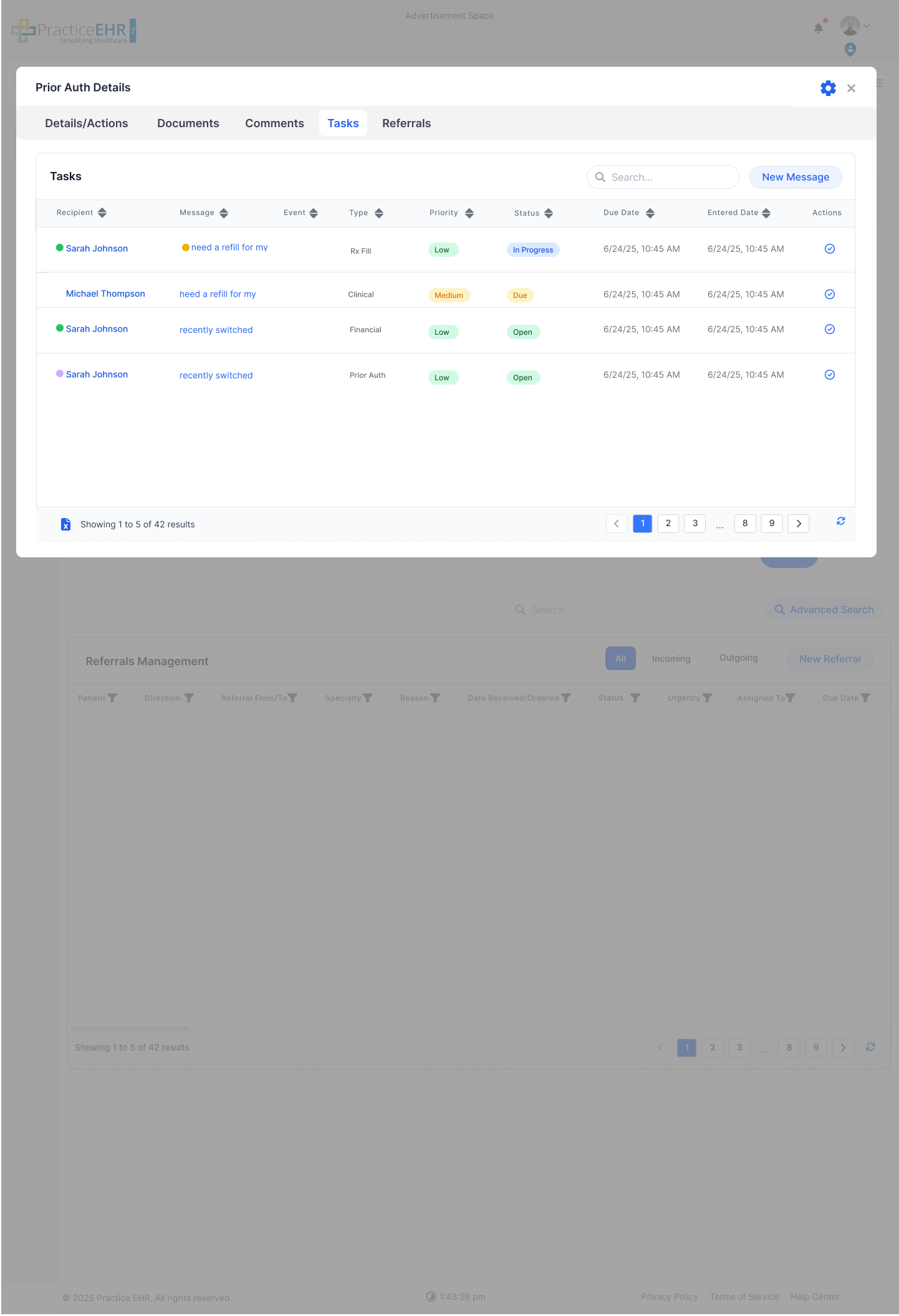 Tasks tab listing tasks associated with the selected Prior Auth
