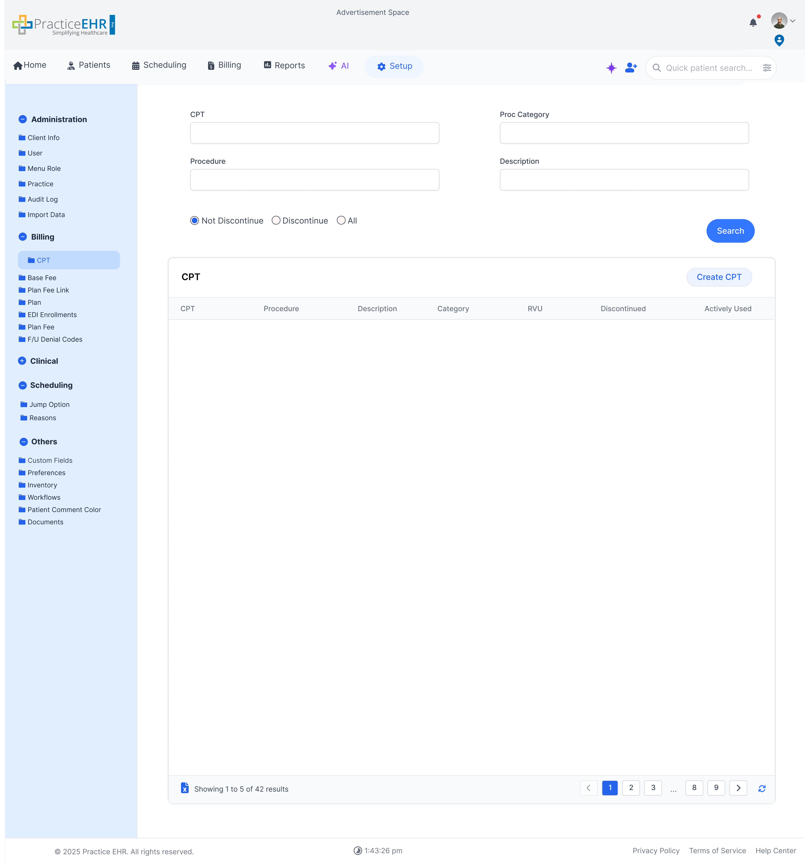CPT management screen