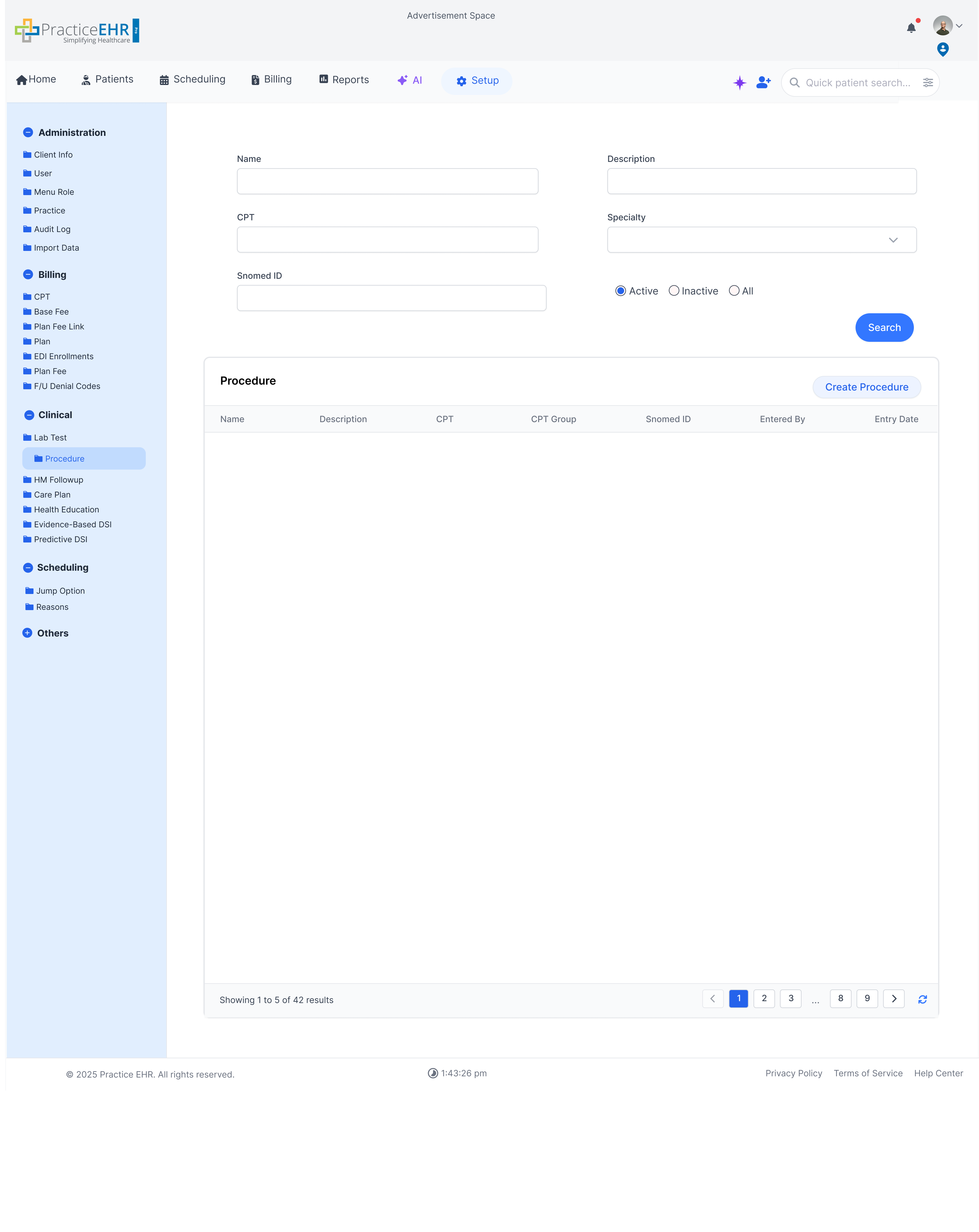 Procedure management screen